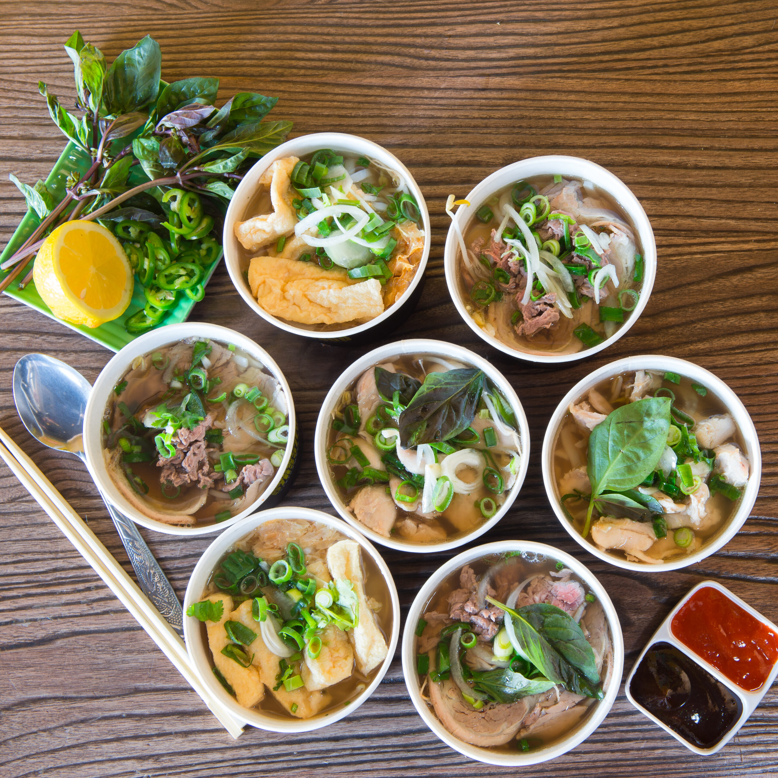 Saigon Summer phở catering selection with beef, chicken and vegetarian bowls