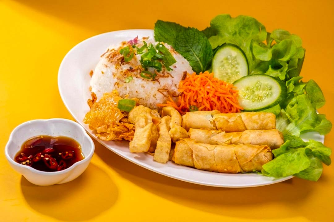 Fried tofu and vegetarian spring rolls rice plate