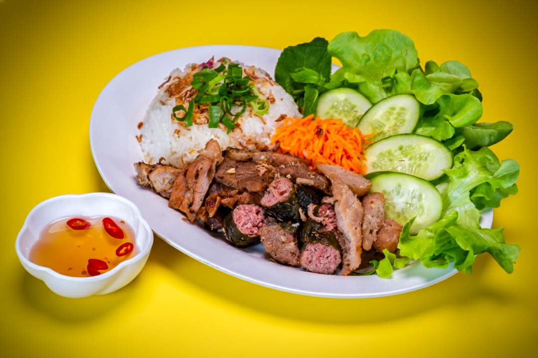 Vietnamese rice plate with fresh salad