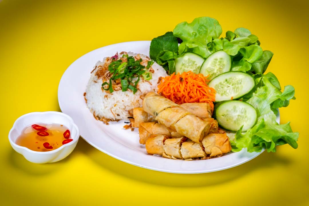 Pork and prawn spring rolls rice plate