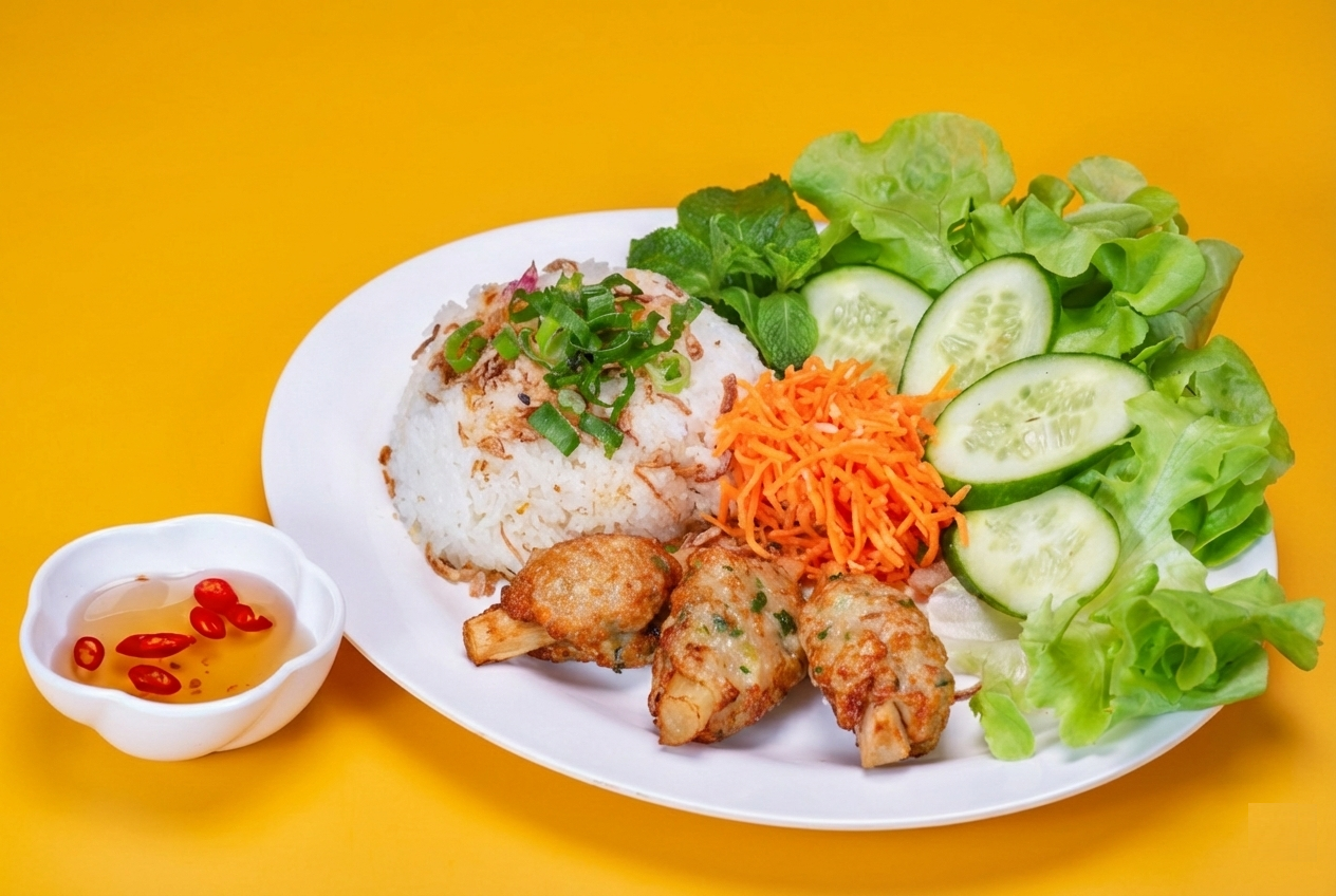 Sugarcane prawn rice plate