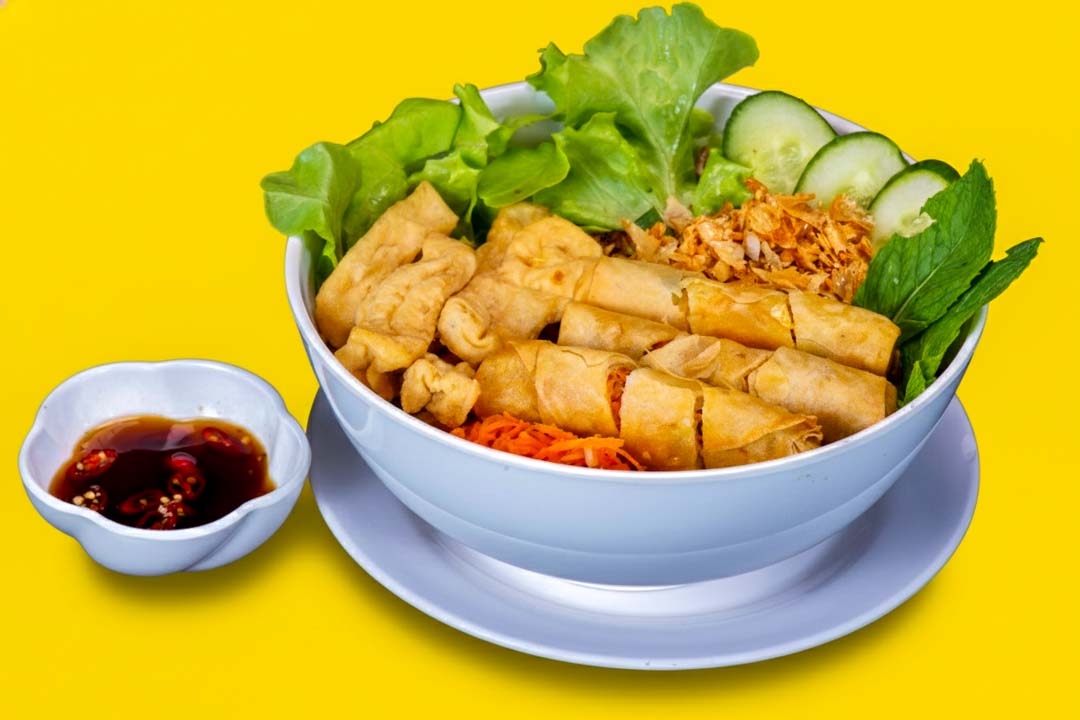Fried tofu and vegetarian spring roll vermicelli salad